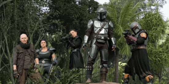 the mandalorian season 2 mission to morak (l-r) bill burr as migs mayfeld, gina carano as cara dune, ming-na wen as fennec shand, pedro pascal as din djarin, and temuera morrison as boba fett