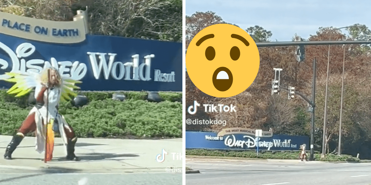A cosplayer stands outside an entrance to Walt Disney World Resort dressed as Mercy from Overwatch.