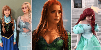 Actresses portraying Princess Anna, Elsa, and Ariel cry. In the middle, between the two photos, is a picture of Amber Heard as Mera in 'Aquaman.'
