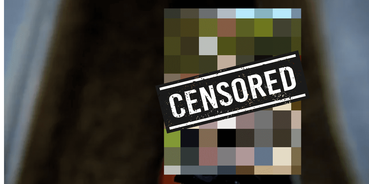 Curtains peeled apart. In the center is a pixelated image that says "CENSORED."
