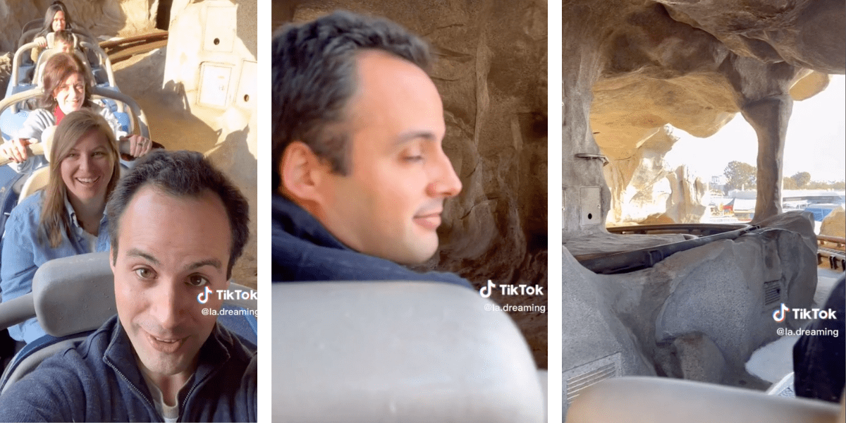 In three stills from a TikTok, a couple sit on a Matterhorn bobsled in the side of the mountain.