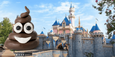 A smiling pile of poop next to Sleeping Beauty Castle.