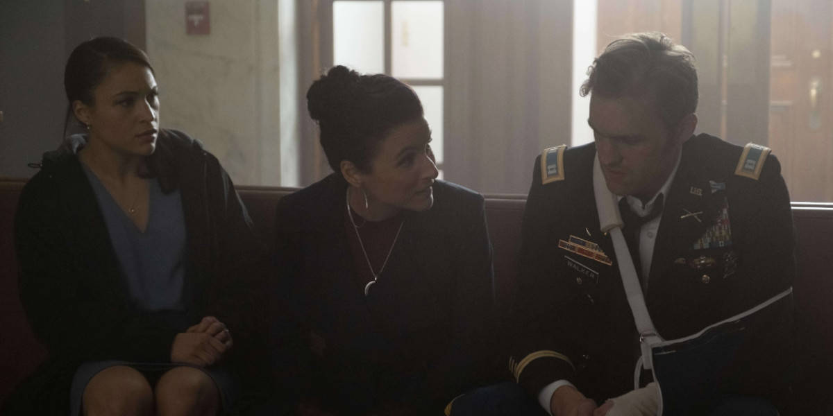 Gabrielle Byndloss, Julia Louis-Dreyfus and Wyatt Russell as Olivia Walker, Val, and John Walker in 'The Falcon and the Winter Soldier'