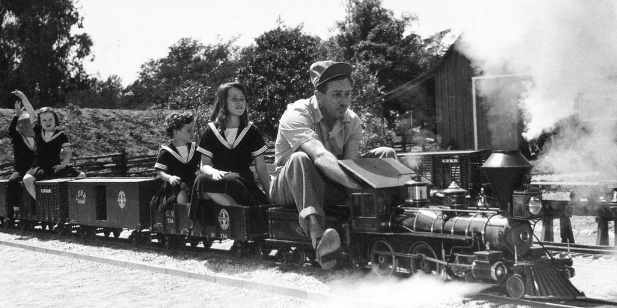 Walt Disney with his daughters on the Carolwood Pacific Railroad 1/8th Scale Train.