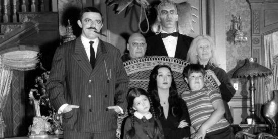 Cast of 'The Addams Family' in black and white