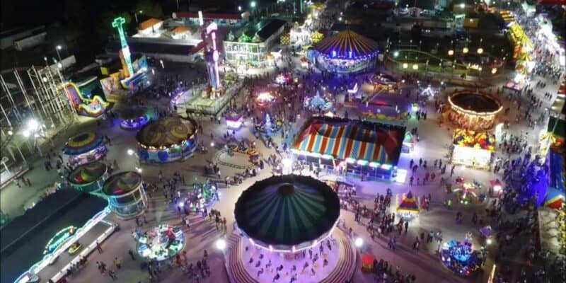 Aerial view from the Cancun Fair in Cancun, Mexico with thrill ride and other attractions