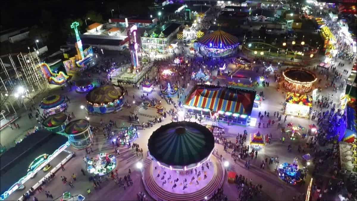 Aerial view from the Cancun Fair in Cancun, Mexico with thrill ride and other attractions