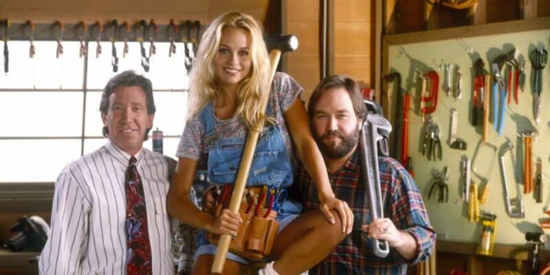 (L-R) Tim Allen, Pamela Anderson, and Richard Karn on set of 'Home Improvement'