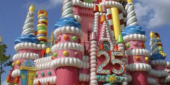 Cinderella Castle decorated as a birthday cake for Disney World's 25th Anniversary