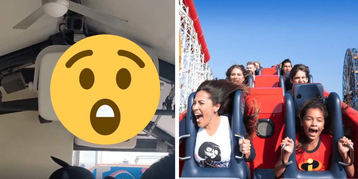 left: a white screen covered up by a shocked emoji. Right: Families scream while riding Incredicoaster.