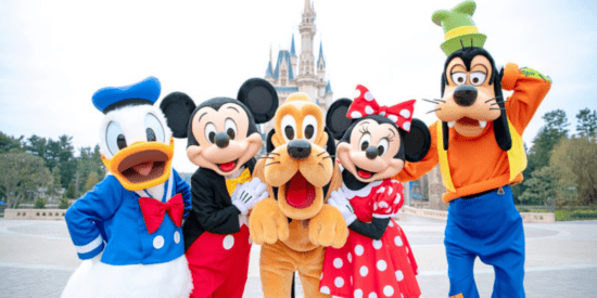 Donald, Mickey, Pluto, Minnie, and Goofy standing in front of the castle