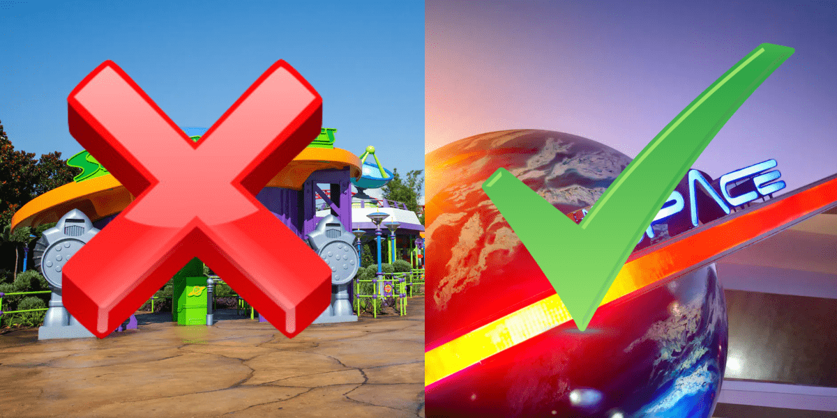 Alien Swirling Saucers with a red "X" over it and Mission: SPACE with a green check over it