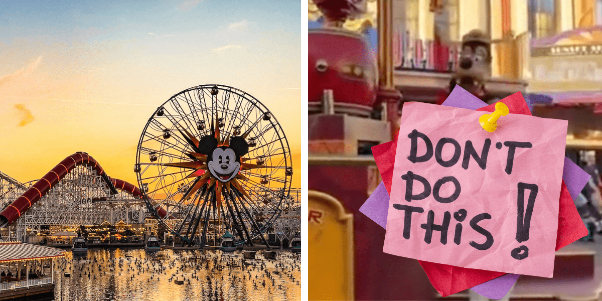 Left: Pixar Pier, featuring Incredicoaster and Mickey's Fun Wheel, at sunset. Right: A post it note reading "DONT DO THIS" covers up a woman standing next to Goofy on a red parade float.