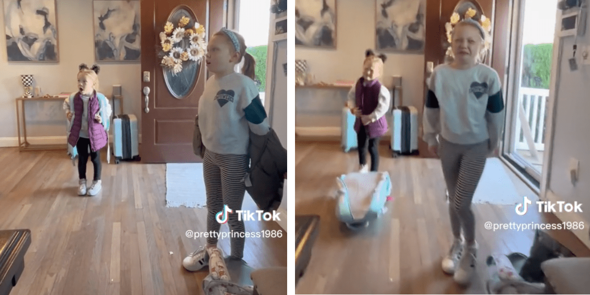 Two little girls stand in shock, then it turns to crying.