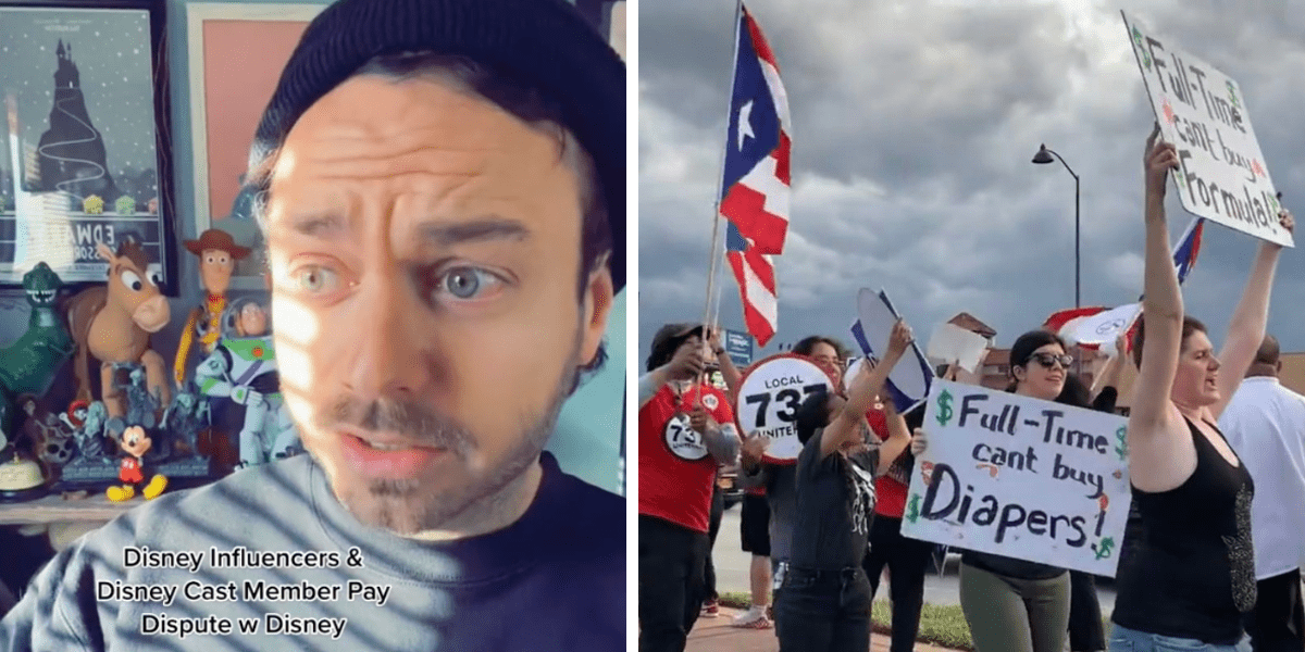 Left: A man speaks in a sun-lit room, wearing a beanie and a black tee shirt. Right: Cast Members protest outdoors. Signs read "Full Time Can't Buy Diapers" and "Full Time Can't Buy Formula"