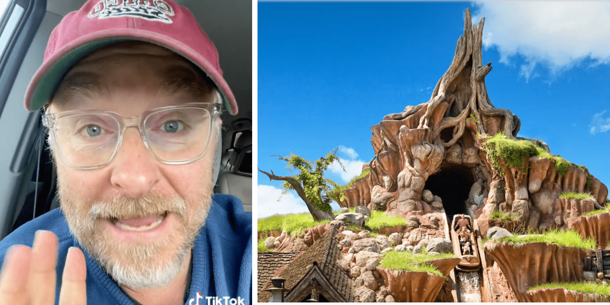 Left: A man with a red hat, white beard, and clear glasses speaks into a phone camera. Right: The exterior of Splash Mountain at Walt Disney World Resort in front of a clear blue sky.