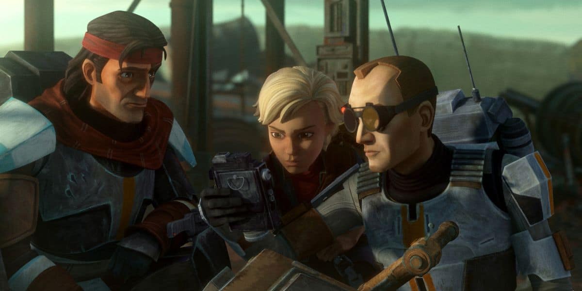 Hunter and Data (Dee Bradley Baker) with Omega (Michelle Ang). Credit: Lucasfilm