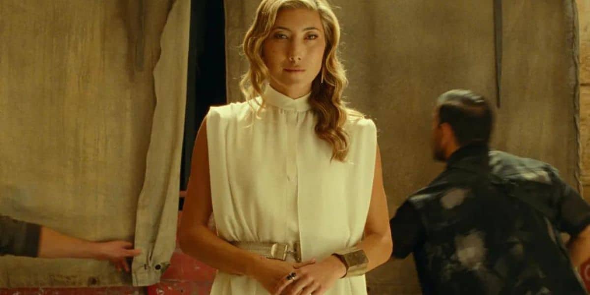 Dichen Lachman as Santos in the dinosaur black market in 'Jurassic World Dominion'
