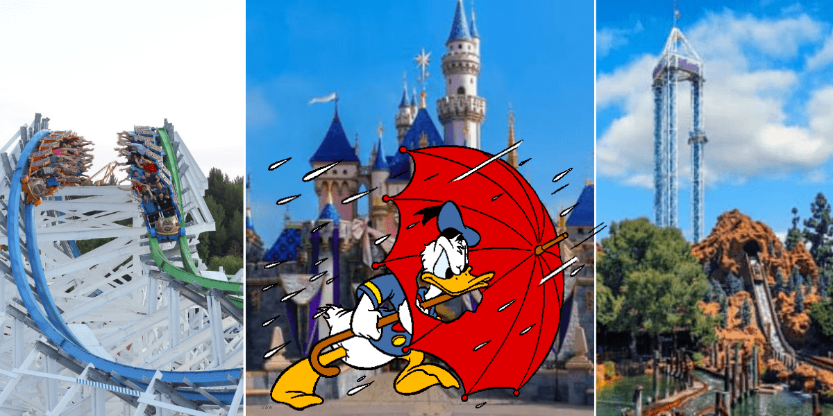 Collage with images from Six Flags Magic Mountain, Knott's Berry Farm, and Disneyland Resort as the Califorina theme parks struggle with a severe storm in the state