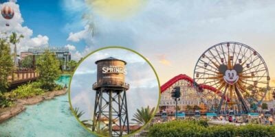 A big water tank with a logo Disney Springs and a Mickey Mouse Ferry's Wheel.