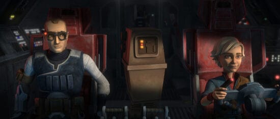 (L-R): Tech and Omega in a scene from "STAR WARS: THE BAD BATCH", season 2 exclusively on Disney+. © 2023 Lucasfilm Ltd. & ™. All Rights Reserved.