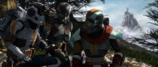 (L-R): Tech, Echo, and Hunter in a scene from "STAR WARS: THE BAD BATCH", season 2 exclusively on Disney+. © 2023 Lucasfilm Ltd. & ™. All Rights Reserved.