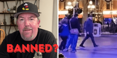 Spencer of Best Life and Beyond speaks into a camera in a YouTube video. On the right is an image of Justin Scarred, another YouTuber, walking away from Spencer and his partner Katie at Disneyland park.