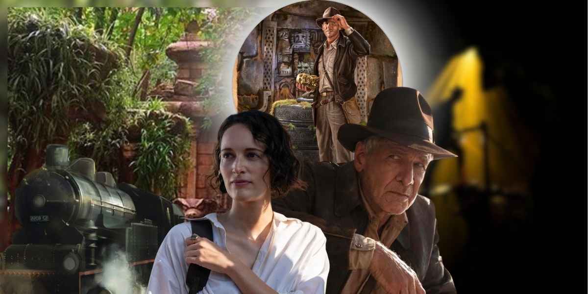 Harrison Ford as Indiana Jones in Indiana Jones and Phoebe Waller-Bridge as Helena Shaw with a train and the pyramid the background.