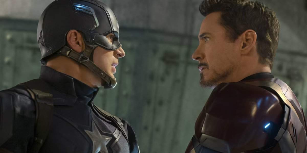 Chris Evans Captain America in conversation with Robert Downey Jr.'s Tony Stark