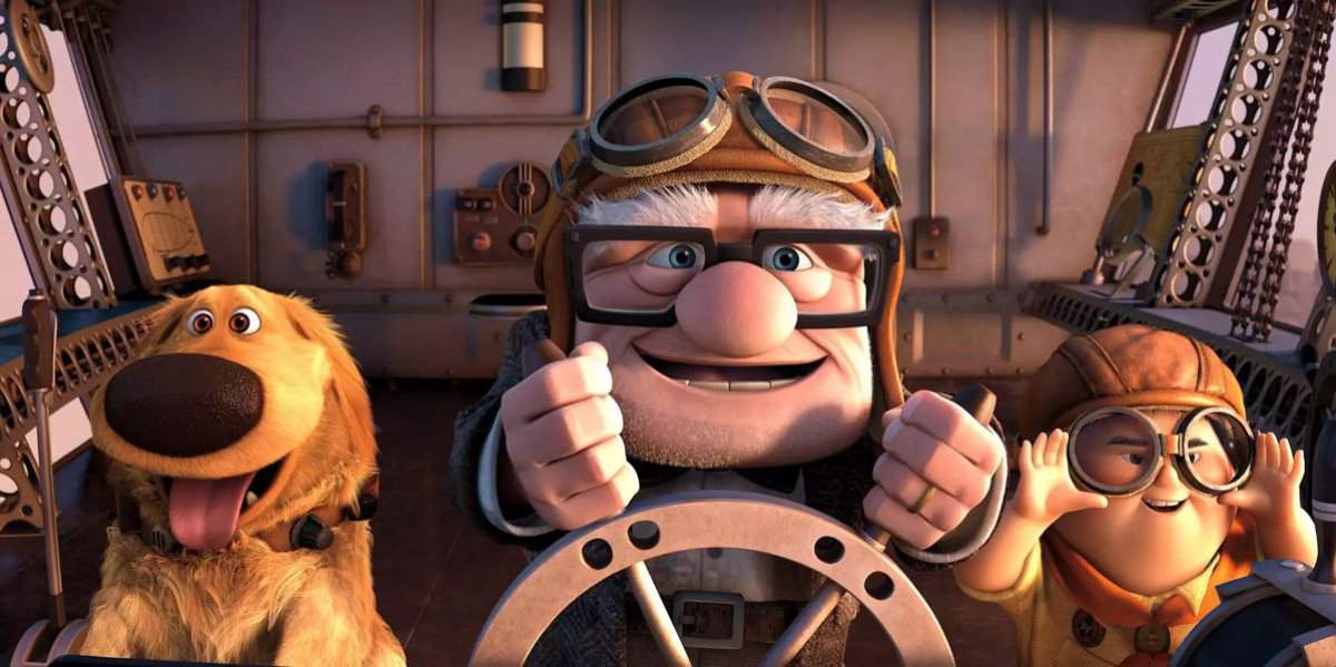 Carl, Dug, and Russell at the helm of the ship in Up.