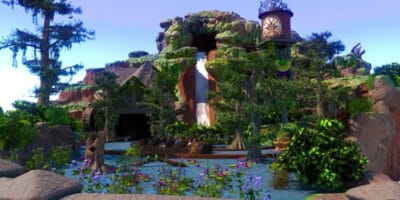 A close-up of the outside model for Tiana's Bayou Adventure