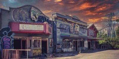 Graffitied Spongebob Squarepants ride at Six Flags New Orleans abandoned theme park