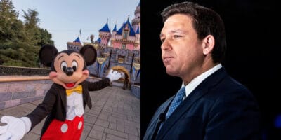DeSantis looking ominously at Mickey Mouse