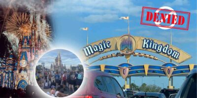 Entrance to Magic Kingdom with the Disneyland Castle at the background with fireworks.