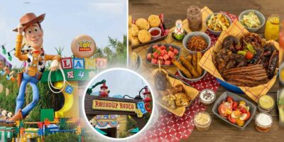 A statue of Woody leaning on a Toy Story Land logo along with a Roundup Rodeo BBQ sign and a spread of BBQ food.