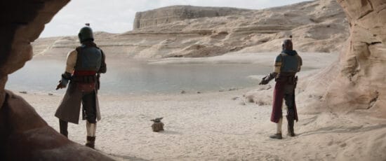 Grogu (center) with Covert Mandalorians in Lucasfilm's THE MANDALORIAN, season three, exclusively on Disney+. ©2023 Lucasfilm Ltd. & TM. All Rights Reserved.