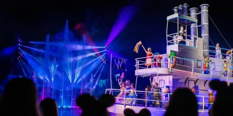 The Disney character steamboat at the end of Fantasmic! at Hollywood Studios
