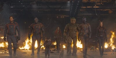 (L-R) Chris Pratt, Dave Bautista, Bradley Cooper, Zoe Saldana, Vin Diesel, Karen Gillan, and Pom Klementieff as the Guardians of the Galaxy