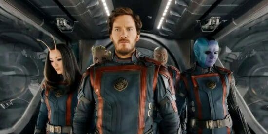 Mantis, Star-Lord, Nebula, Groot, and Drax stand together in Guardians of the Galaxy, Vol. 3.