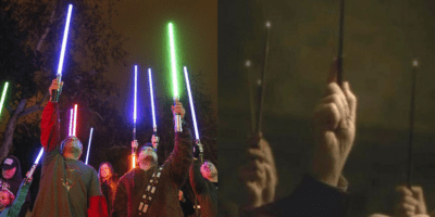 Lightsabers and Wands Raised
