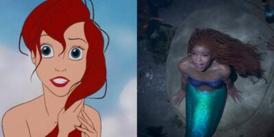 Animated Ariel next to live-action Ariel from The Little Mermaid.