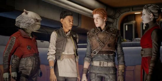 Greez Dritus, Cere Junda, Cal Kestis, and Merrin aboard the Mantis in Jedi: Fallen Order