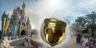 Disneyland officer badge in front of the Disneyland Castle and the crowd.