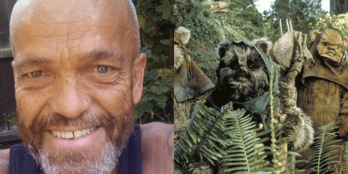 Paul Grant and the Ewok character he played in 1983's Star Wars Return of the Jedi