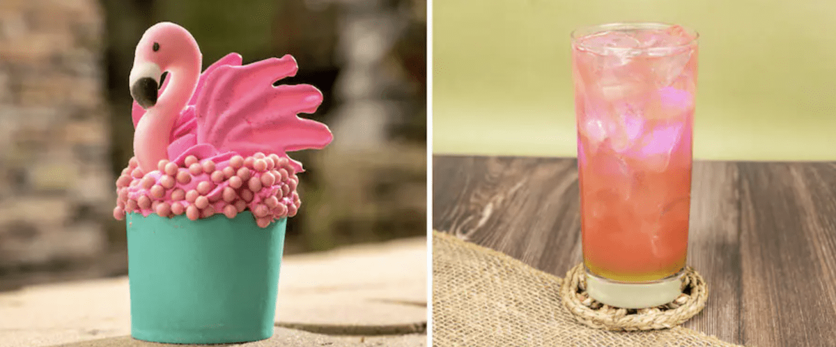 A pink flamingo cupcake and a pink drink
