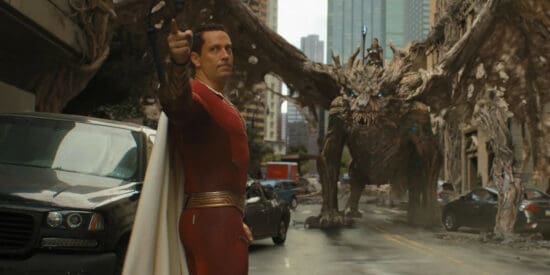 Zachary Levi as Shazam and Lucy Liu as Kalypso in Shazam! Fury of the Gods