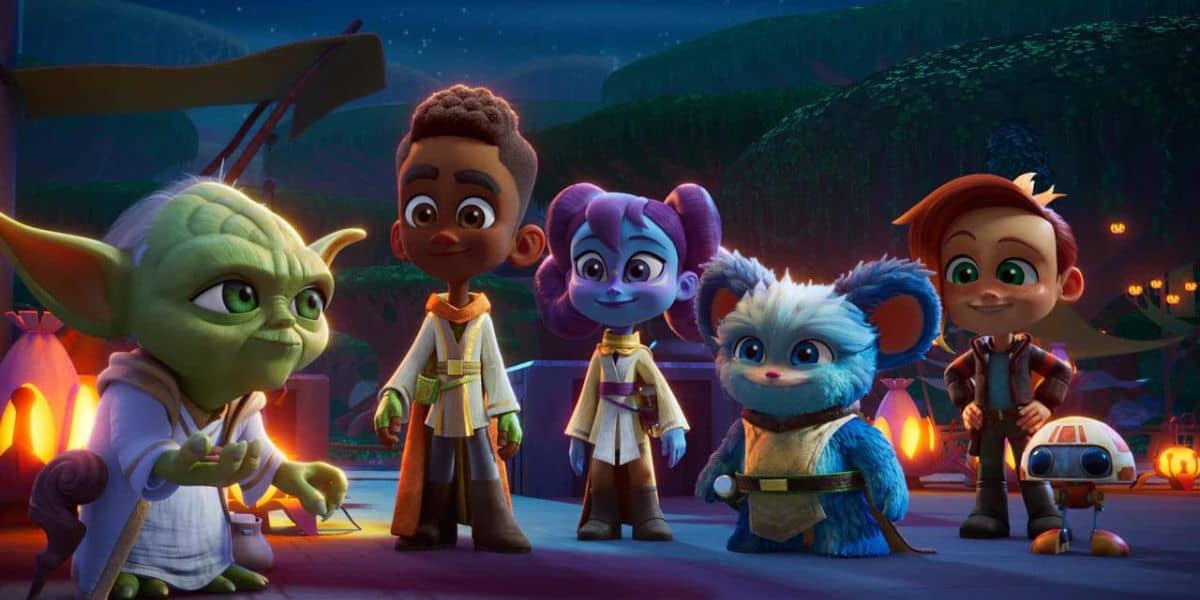 Master Yoda (Piotr Michael), Jedi younglings Kai, Lys, and Nubs (Jamaal Avery, Jr., Juliet Donenfield, Dee Bradley Baker) and their friends Nash and RJ-83 (Emma Berman, Jonathan Lipow) on planet Tenoo in 'Young Jedi Adventures'. Credit: Lucasfilm