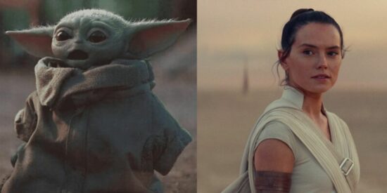(L) Grogu in The Mandalorian (R) Rey in The Rise of Skywalker