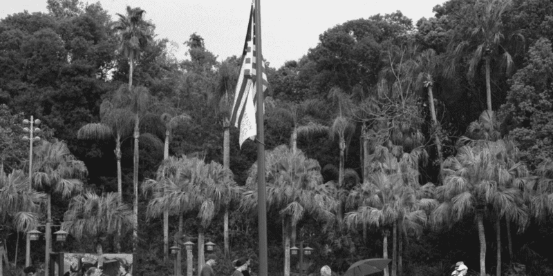 A black and white image of a flag at half-mast at Disney's Animal Kingdom in honor of the victims of the nashville shooting.