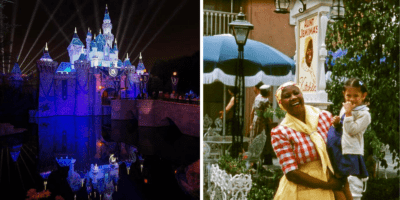Left: Sleeping Beauty castle during the Disneyland 60th anniversary fireworks. Right: A Black woman dressed as Aunt Jemima in front of what is now widely-considered a racist drawing of the character at Disneyland, part of forgotten racist Disney history.